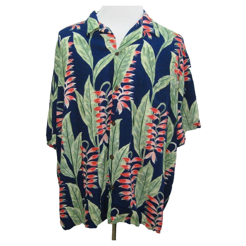 HILO HATTIE Men's 3XL Blue Green Floral Hawaiian Shirt 100% Rayon Hawaii USA